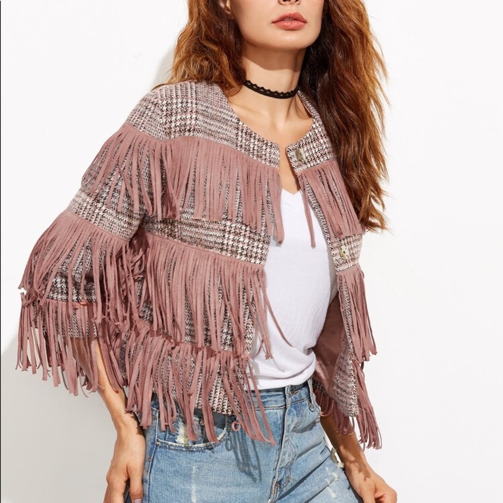 Pink Collarless Tweed Jacket With Fringe Detail